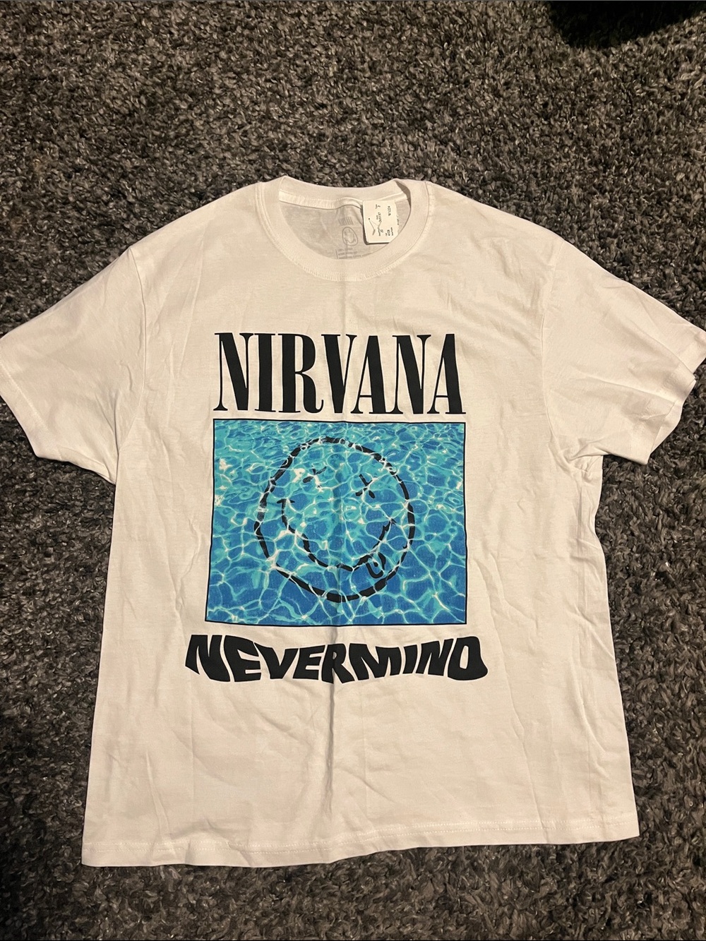 NIRVANA White Tee with Blue Pool Smiley Graphic